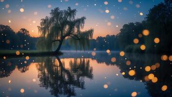 Willow Tree Reflecting in Calm Lake at Dusk with Bokeh Lights photo