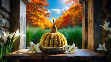 Durian Fruit Presentation with Autumn Scenery and Flowers on Table photo