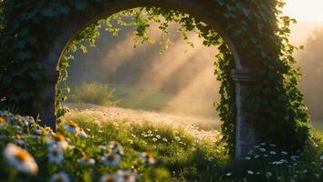 Walking Through Flower Field Archway with Morning Light and Mist photo