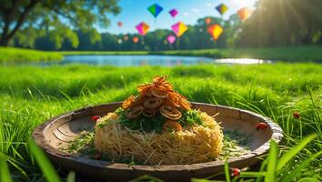 Serving Noodle Dish Outdoors in Grassy Field with Flying Kites photo