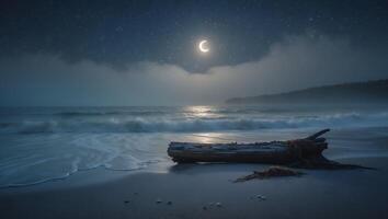 Night Seascape with Moon and Driftwood on Sandy Beach photo