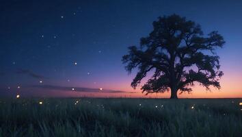 Solitary Tree Silhouette in Grassy Field Under Starry Night Sky photo
