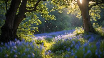 Exploring Bluebell Field with Sunlight Streaming Through Trees in Spring photo