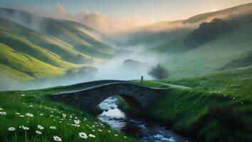 Stone Bridge Across Stream in Foggy Valley with Flower Meadow photo