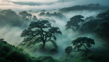 Fog Rolling Through Lush Green Forest with Tall Trees Landscape photo