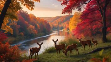 Deer Grazing Near River in Autumn Forest with Colorful Foliage photo