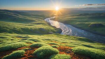 River Flowing Through Green Hills at Sunset with Bright Sun Flare photo