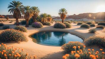 Oasis Pool in Desert Landscape with Palm Trees and Flowers photo