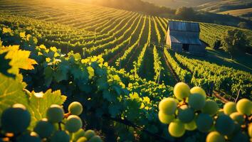 Vineyard Rows and Barn Landscape at Golden Hour with Green Grapes photo