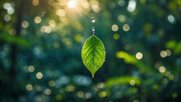 Dropping Water Onto Green Leaf in Forest with Bokeh Lights photo