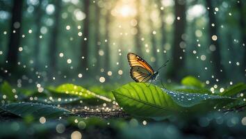 Butterfly Resting on Green Leaf in Forest with Light Bokeh photo