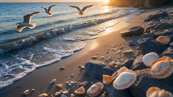 Seagulls Flying Over Beach at Sunrise with Seashells and Rocks photo