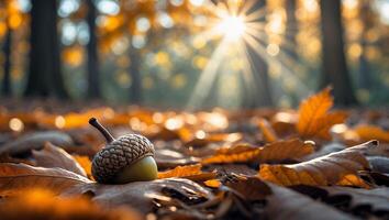 Acorn Resting on Fallen Autumn Leaves in Warm Sunlight Forest photo