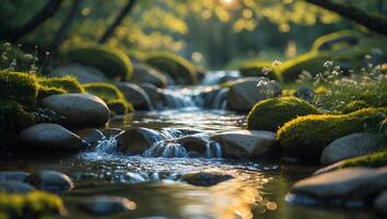 Gentle Stream Flowing Through Mossy Rocks in Sunny Forest Scene photo