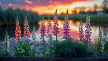 Foxglove Flowers Reflecting Sunset Colors on the Water's Surface photo