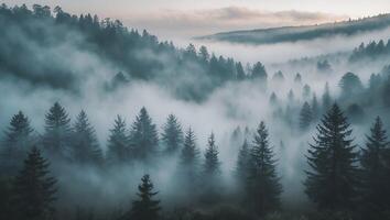 Fog Rolling Through Pine Forest on Mountain at Dusk Landscape photo