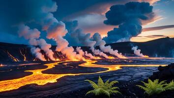 Flowing Lava Field Landscape Emitting Smoke and Steam at Dusk photo