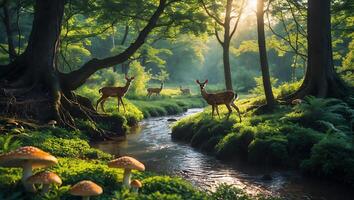 Deer Relaxing by a Stream in Lush Green Forest Scenery photo
