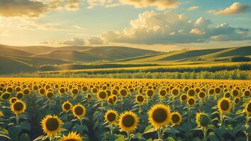 Sunflower Field at Sunset Rolling Hills Landscape with Sky View photo