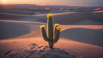 Flowering Cactus Rising From Sandy Desert at Sunset with Mountain Backdrop photo