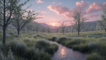 Peaceful Meadow Stream at Sunset with Trees and Mountain View photo