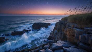Waves Crashing on Rocky Coastline Under Starry Night Sky photo