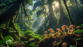 Mushroom Forest Landscape with Sunlight Shining Through Canopy Trees photo