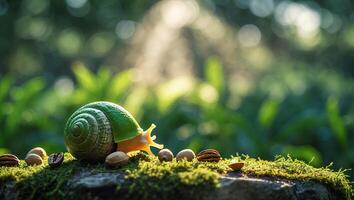 Snail Moving Across Mossy Surface with Nuts and Natural Sunlight photo