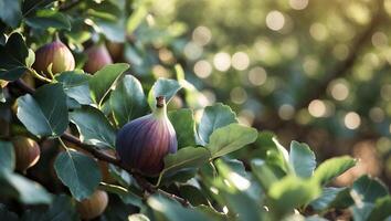 Fig Growing on Tree Branch with Green Leaves and Sunlight photo