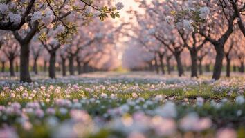 Walking Through Orchard with Blossoming Trees and Wildflowers in Spring photo