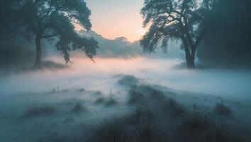 Fog Rolling Through Landscape with Trees at Dawn or Dusk photo