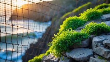 Green Plant on Rocks Near Ocean with Net and Sun Flare photo