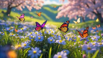 Butterflies Fluttering Above Meadow of Blue Flowers in Springtime photo