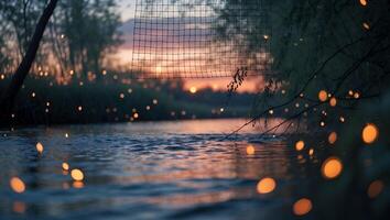 Tranquil River Scene with Bokeh Lights and Sunset Glow photo