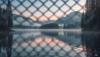 Tranquil Lake View Through Fence with Fog and Mountain Backdrop photo