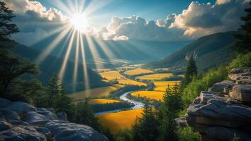Scenic Valley View with River and Sun Rays Through the Clouds photo