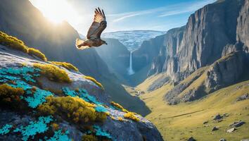 Eagle Soaring Over Scenic Mountain Valley with Waterfall and Sunshine photo