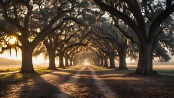 Tree-lined Path with Sunlight Shining Through Branches and Spanish Moss photo