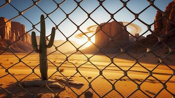 Desert Landscape with Cactus View Through Chain Link Fence at Sunset photo