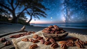Pecan Nuts in Wooden Bowl on Burlap by Beach at Night photo