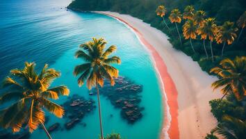 Palm Tree Lined Tropical Beach with Azure Water and Pink Sand photo