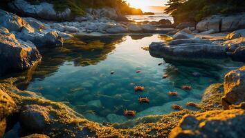 Crabs in Tide Pool at Sunset with Rocky Coastline Scenery photo
