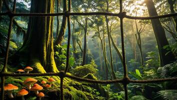 Exploring Enchanted Forest with Mushrooms and Lush Greenery Through Natural Net photo
