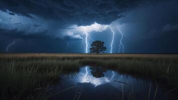 Dramatic Lightning Storm Over Field with Tree Reflected in Water photo