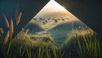 Deer Grazing in Meadow Seen Through Architectural Structure at Dawn photo