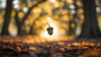 Floating Acorn in Golden Autumn Light Forest Scene photo