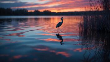 Heron Wading in Lake at Sunset Reflecting Sky's Vibrant Colors photo