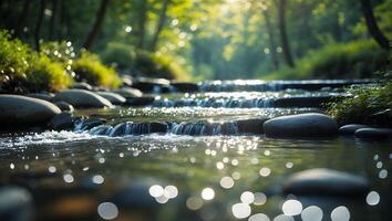 Flowing River with Sunlight Through Trees in Green Forest Scene photo