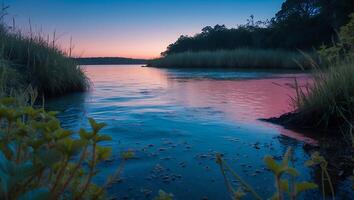 Calm River Scene Reflecting Colorful Sky at Dusk with Grasses photo