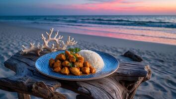 Chicken and Rice Meal on Plate at Serene Beach Sunset photo